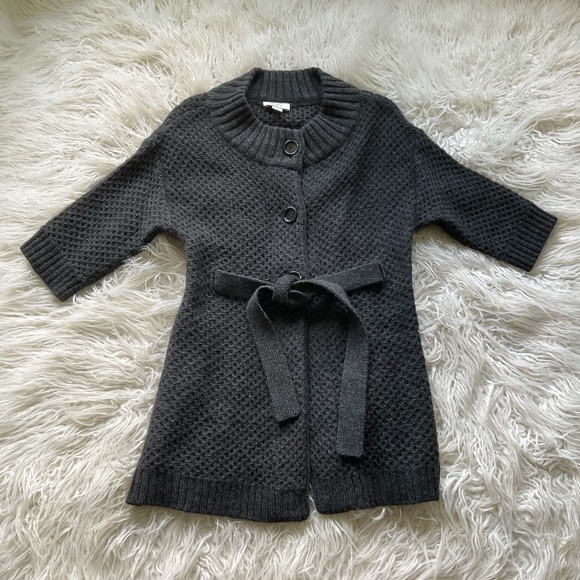 LOFT Sweaters - Loft Charcoal Knit Belted‎ Short Sleeve Cardigan